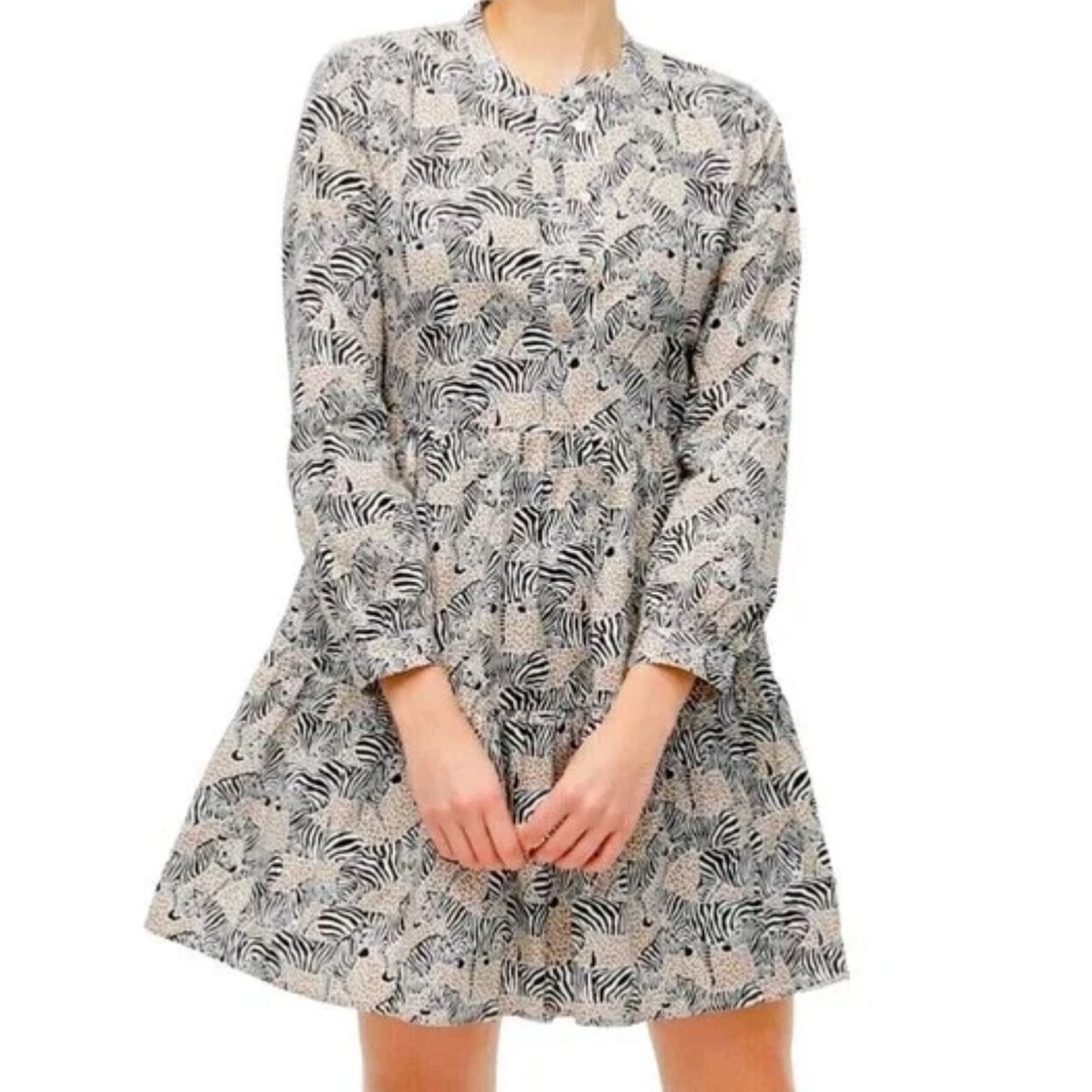 NWT J.Crew Tiered Popover boho chic Black Camel Zebra Animal safari women Dress